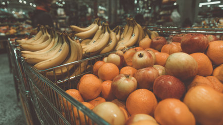 A vibrant display of fresh fruits in grocery store baskets, showcasing bananas, apples, and a variety of oranges, perfect for promoting a healthy lifestyle and nutrition choices.の素材