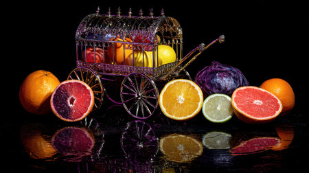 A stunning arrangement of assorted fresh fruits displayed in a vintage cart, enhanced by dramatic reflections on a dark background, creating a vibrant and elegant visual appeal.の素材