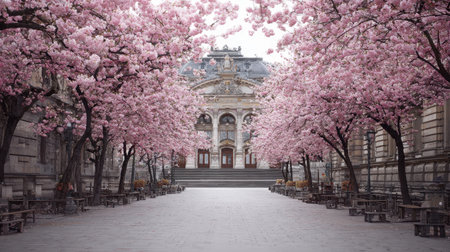 A breathtaking view of cherry blossom trees in full bloom encircling a beautiful historic building, creating a peaceful, serene atmosphere during springtime.の素材