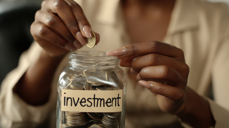 A close-up image captures hands inserting a coin into a labeled jar marked "investment," symbolizing the importance of saving and managing personal finances effectively.の素材