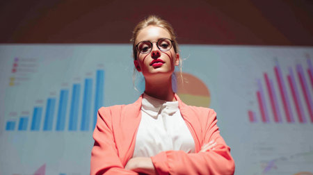 A confident businesswoman presents data insights in a professional setting, showcasing her expertise while engaged in a corporate meeting with visual graphs.の素材