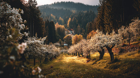 A picturesque spring landscape showcasing blooming apple trees lined along a tranquil path, framed by majestic mountains and soft sunlight, evoking peace and natural beauty.の素材