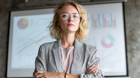A confident businesswoman stands with arms crossed in an office environment, showcasing professionalism and determination against a backdrop of statistical charts.の素材