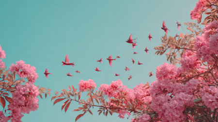 A captivating scene featuring delicate pink blossoms and birds flying against a serene light blue sky, evoking a sense of tranquility and beauty in nature. Perfect for serene and cheerful themes.の素材