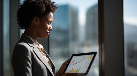 A professional woman analyzes financial data on a tablet in a sleek office, showcasing concentration and modern technology against an urban backdrop.の素材