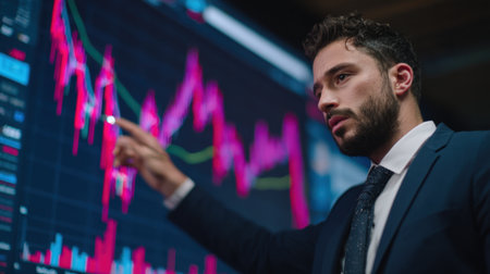 A focused businessman studies financial data on a large screen, showcasing stock market trends and investment strategies that reflect modern business analytics and market analysis.の素材