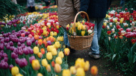 A couple walks hand in hand through a stunning field of tulips, carrying a basket filled with bright flowers, capturing the essence of love and spring beauty in nature.の素材
