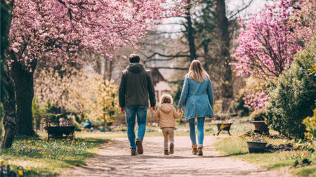 A heartwarming scene of a family walking together through a beautiful garden filled with blooming cherry trees, capturing moments of love and serenity in nature.の素材
