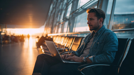 A focused man engages with his laptop in an airport terminal while a beautiful sunset casts warm light, representing the blend of work and travel in a modern lifestyle.の素材