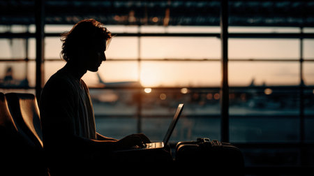 A captivating silhouette of a traveler focused on work at an airport during sunset, depicting a blend of travel, technology, and relaxation in a serene atmosphere.の素材
