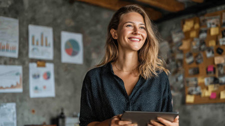 A young woman exudes happiness while holding a tablet in a modern workspace. She stands against a wall filled with charts and notes, embodying creativity and professionalism.の素材