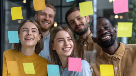 A diverse group of young professionals shares smiles in a modern office, surrounded by colorful sticky notes, embodying creativity, collaboration, and a positive work environment.の素材