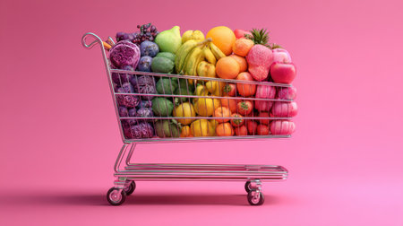 A stylish shopping cart overflowing with a bright variety of fresh fruits sits against a playful pink backdrop, ideal for promoting healthy eating and vibrant lifestyle choices.の素材