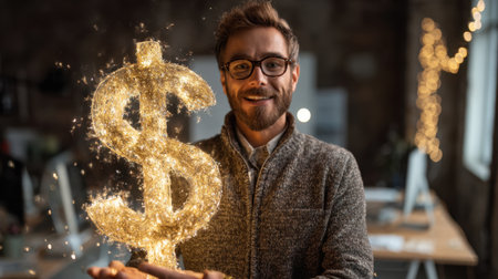 A joyful man poses with a sparkling dollar sign in a cozy office setting, embodying financial success and positive energy in a modern workspace filled with light.の素材