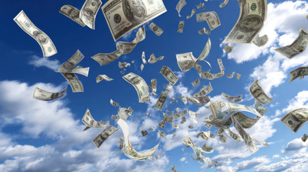 Dynamic scene of dollar bills soaring through a bright blue sky, highlighting themes of wealth, opportunity, and financial freedom in a captivating and visually striking manner.の素材