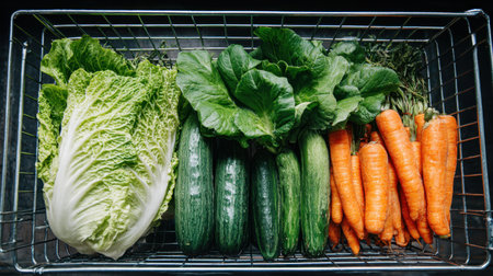 A captivating image of fresh vegetables including cucumbers, carrots, and lettuce, arranged in a wire basket, emphasizing healthy eating and the beauty of raw produce.の素材