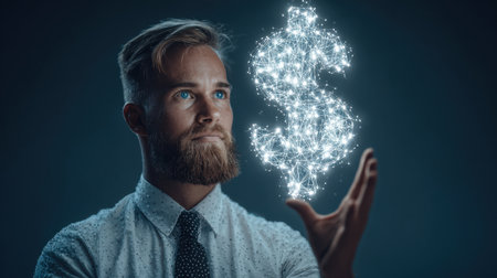 A young businessman with a beard is depicted showcasing a glowing dollar symbol, embodying concepts of financial growth, investment potential, and innovative strategies in today's economy.の素材