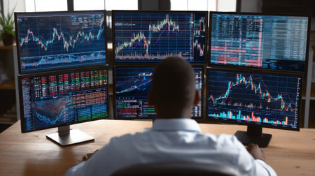 A business professional is seated at a modern desk, intensely analyzing multi-screen financial data, contributing to informed investment decisions and market strategies.の素材