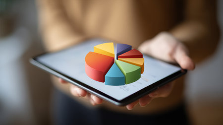 A vibrant pie chart displayed on a tablet in a person's hands, symbolizing data analysis and business insights in a contemporary digital workspace environment.の素材