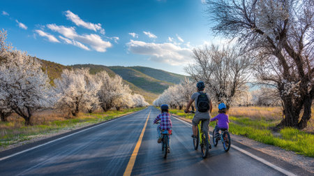 A joyful family experiences the beauty of nature while biking along a tranquil road lined with blossoming trees, embodying a perfect day outdoors in springtime.の素材