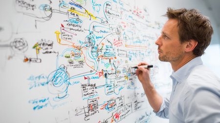 A focused man engages in creative thinking by sketching colorful diagrams and ideas on a whiteboard in a contemporary office setting, inspiring innovation and teamwork.の素材