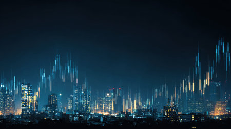 Captivating night view of a city skyline illuminated by vibrant lights, paired with abstract data visualizations that signify technology and growth in a modern urban landscape.の素材
