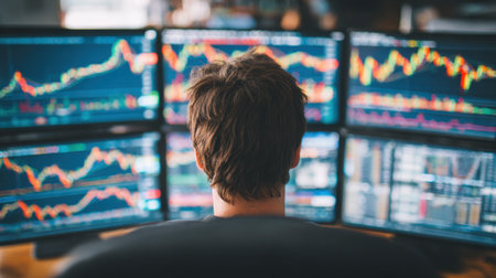A dedicated financial trader closely monitors market data across multiple screens, highlighting the intensity of stock analysis and strategic investment decisions.の素材