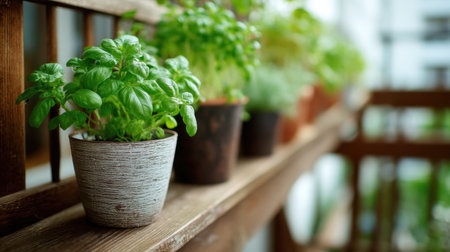 A vibrant basil plant in a rustic pot sits on a wooden shelf, surrounded by lush greenery, showcasing a perfect blend of home decor and culinary inspiration, adding freshness and tranquility to the space.の素材
