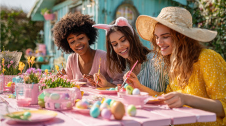 Three joyful friends enjoy a sunny day in a vibrant garden, happily painting Easter eggs together at a beautifully decorated table, surrounded by blooming flowers and festive decor.の素材