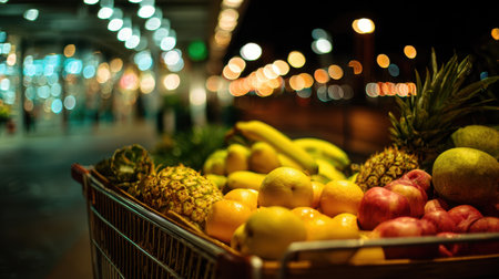 A beautifully arranged cart showcases an array of fresh fruits like bananas, apples, and pineapples, set against a blurred night market backdrop filled with sparkling lights.の素材