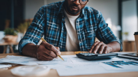 A professional man working diligently with documents and a calculator, showcasing finance, analysis, and productivity in a modern office environment.の素材