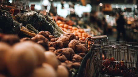 Vibrant display of fresh vegetables and fruits in a bustling grocery market, highlighting the allure of natural produce and the shopping experience in an inviting environment.の素材