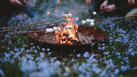 Friends gather around a campfire, roasting marshmallows amidst a field of delicate blue flowers, creating a perfect setting for summer evening fun in nature.の素材