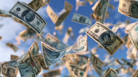 A mesmerizing view of dollar bills cascading from the sky, creating a whimsical atmosphere associated with wealth and prosperity under a clear blue sky and fluffy clouds.の素材