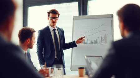 A male presenter engages colleagues during a business meeting, showcasing financial growth charts in a modern office. The professional atmosphere fosters collaboration and insight.の素材