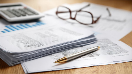 A detailed setup of financial documents, a calculator, and glasses on a wooden desk, showcasing the elements of business planning and budget analysis in a professional environment.の素材