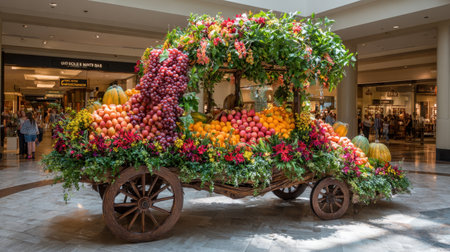 A beautifully arranged cart filled with vibrant fruits and colorful flowers creates an inviting atmosphere in a shopping mall, showcasing natureの素材
