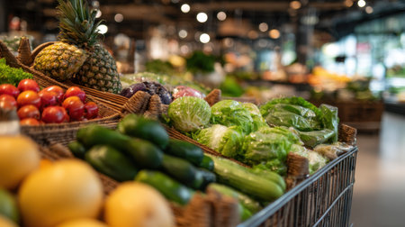 A vibrant display of fresh fruits and vegetables in a modern market setting, highlighting healthy eating choices and the joy of shopping for nutritious food options.の素材