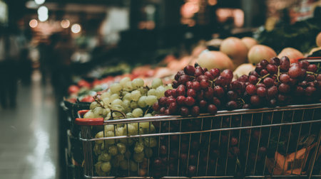 A close-up of a shopping cart filled with fresh grapes and various fruits in a grocery store, creating a vibrant atmosphere and promoting healthy eating choices.の素材
