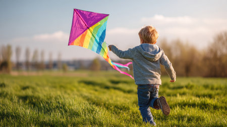 A joyful child runs freely in a lush green field, joyfully flying a vibrant rainbow kite under a bright sky, capturing the essence of childhood adventure and happiness in nature.の素材