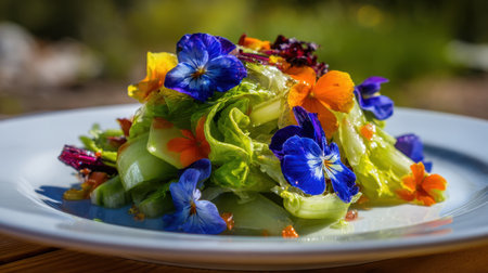 A stunning fresh salad adorned with vibrant edible flowers, showcasing a perfect blend of greens and colors ideal for health-focused culinary presentations.の素材