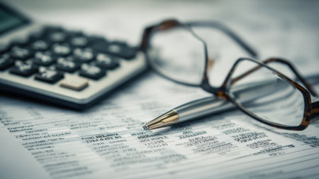 A close-up view of financial documents, a calculator, and glasses, ideal for themes of accounting, budgeting, and financial management in a professional environment.の素材