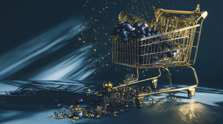 A luxurious golden shopping cart brimming with vibrant blue berries, set against a dark backdrop and adorned with sparkling decorations to evoke a festive atmosphere.の素材