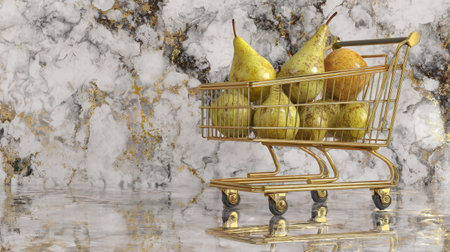 A golden shopping cart showcases a selection of fresh pears and apples against a stunning marble backdrop, ideal for promoting healthy eating and modern culinary trends.の素材