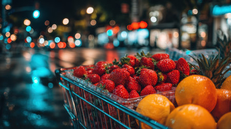 A close-up shot of vibrant strawberries and oranges in a shopping cart, set against a blurred urban backdrop at night, evoking a sense of city life and fresh produce.の素材