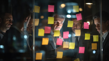Dynamic scene of business professionals collaborating at night, surrounded by colorful sticky notes. The atmosphere fosters creative discussions and effective teamwork.の素材