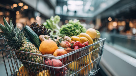 A vibrant shopping cart filled with a variety of fresh fruits and vegetables, showcasing a healthy lifestyle and colorful produce options in a modern market setting.の素材