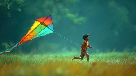 A vibrant scene of a joyful child running in a green field while flying a colorful kite, embodying the essence of childhood joy and the beauty of outdoor adventures.の素材