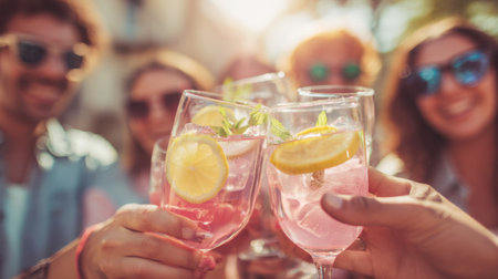 A joyful scene capturing a group of friends celebrating with pink lemonade cocktails, raising their glasses in a sunny outdoor setting, filled with laughter and good vibes.の素材