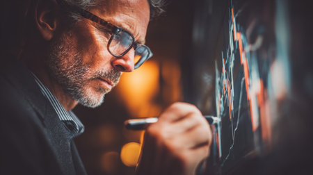 A focused professional examines financial charts and graphs with a pen, immersed in data analysis, showcasing expertise and strategic thinking in a creative workspace.の素材